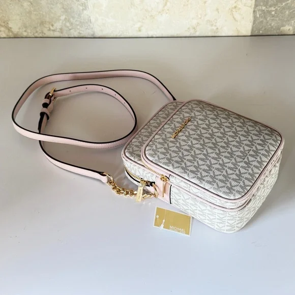 Michael Kors Jet Set Travel MD Flight Chain Crossbody Bag MK Vanilla/Pink - Picture 6 of 15
